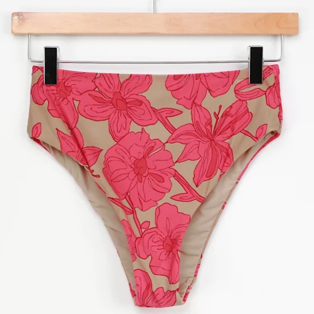Lulus Set For Vacay Tan Floral Print High Waisted Bikini Bottoms Beige - Size L